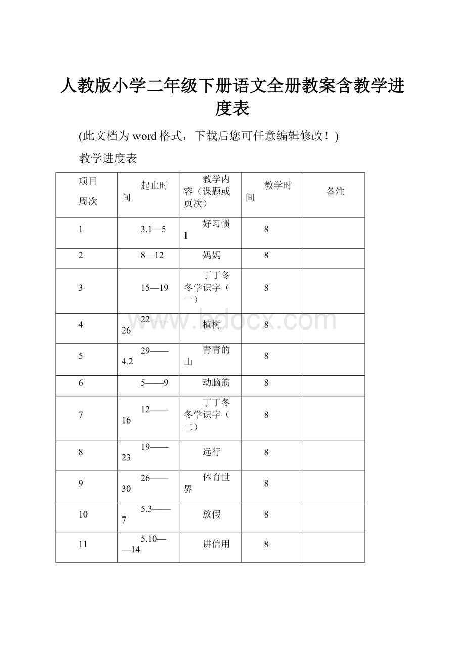 人教版小学二年级下册语文全册教案含教学进度表.docx_第1页