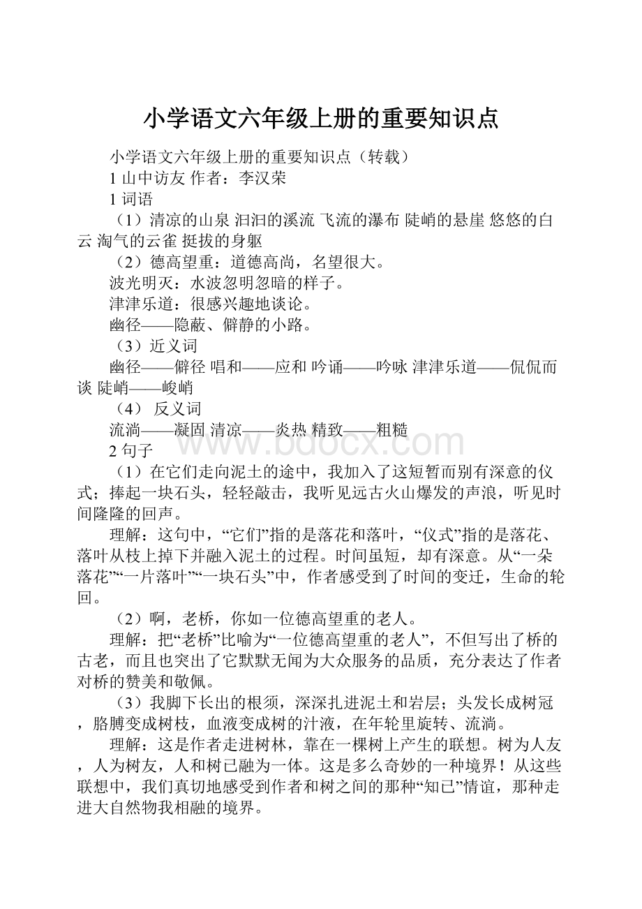 小学语文六年级上册的重要知识点.docx