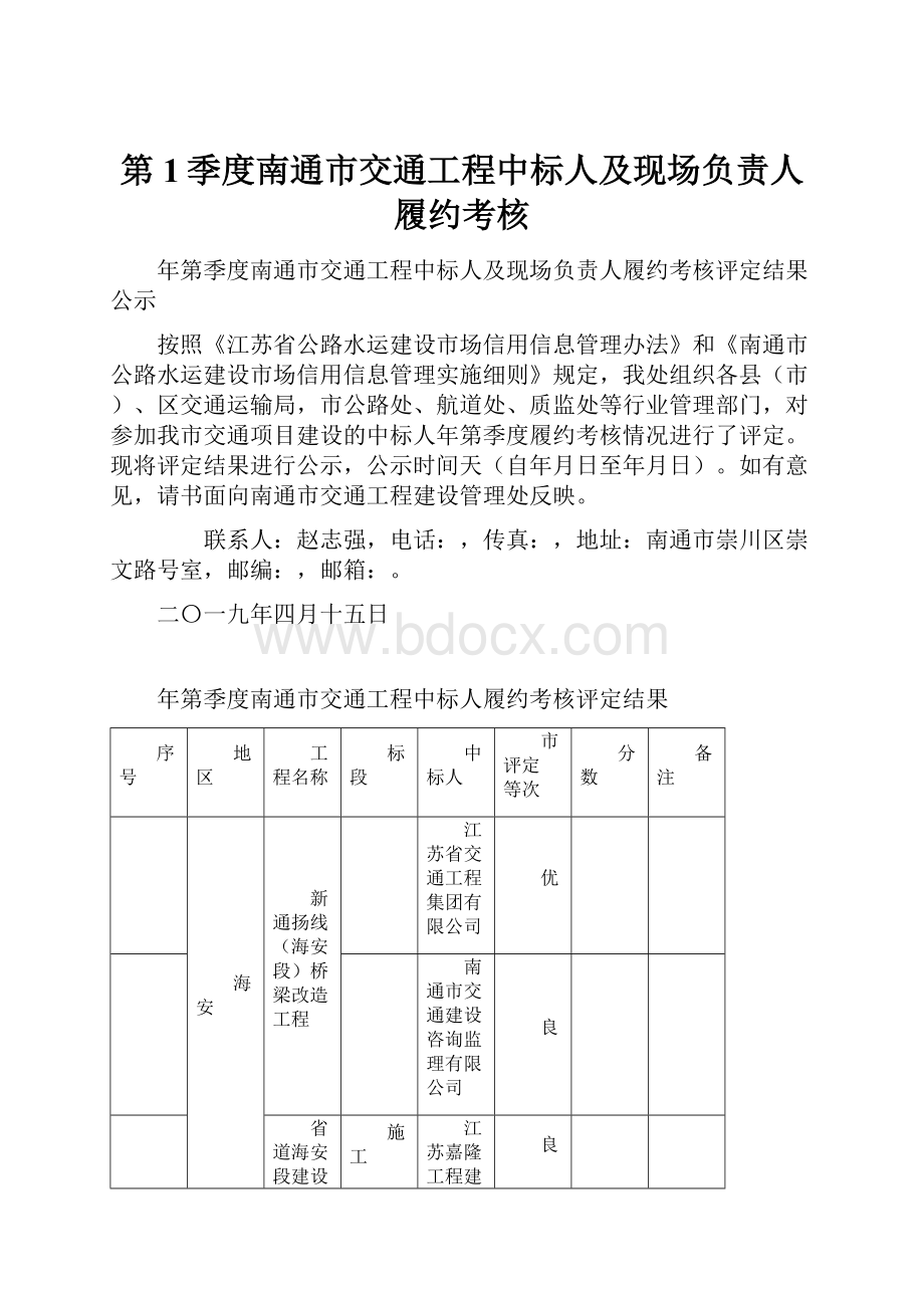 第1季度南通市交通工程中标人及现场负责人履约考核.docx_第1页