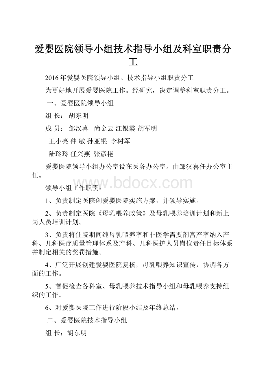 爱婴医院领导小组技术指导小组及科室职责分工.docx