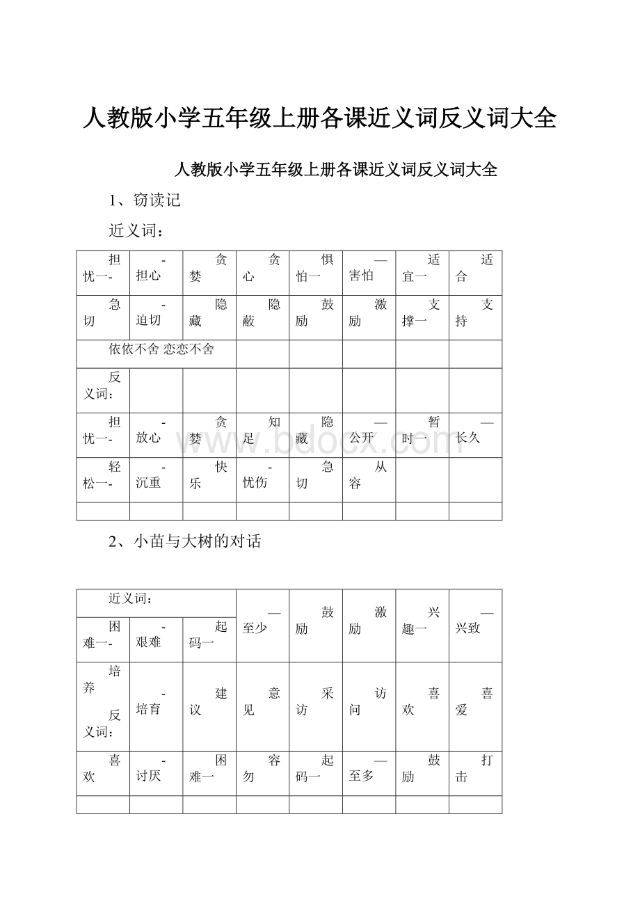 人教版小学五年级上册各课近义词反义词大全.docx