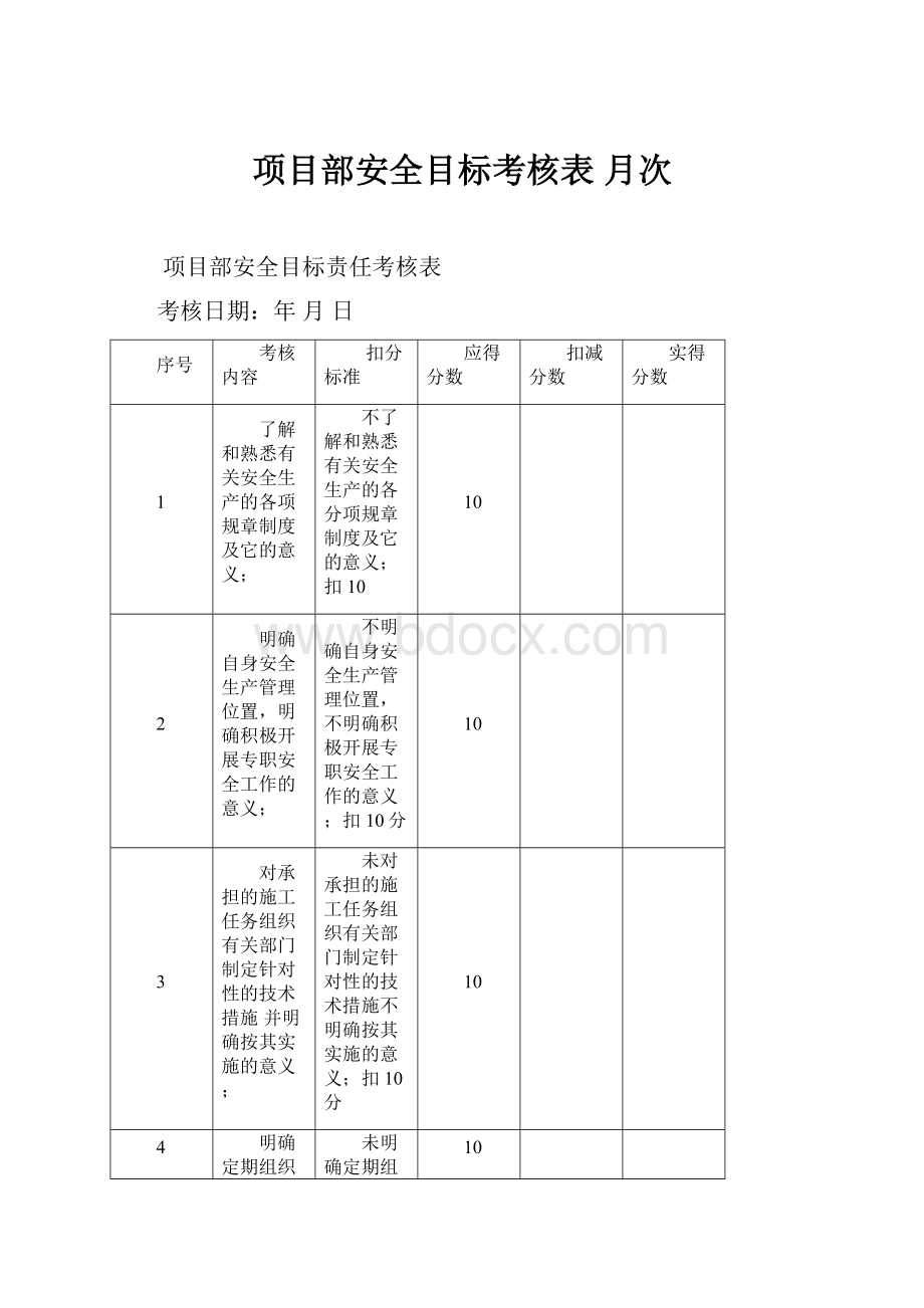 项目部安全目标考核表 月次.docx