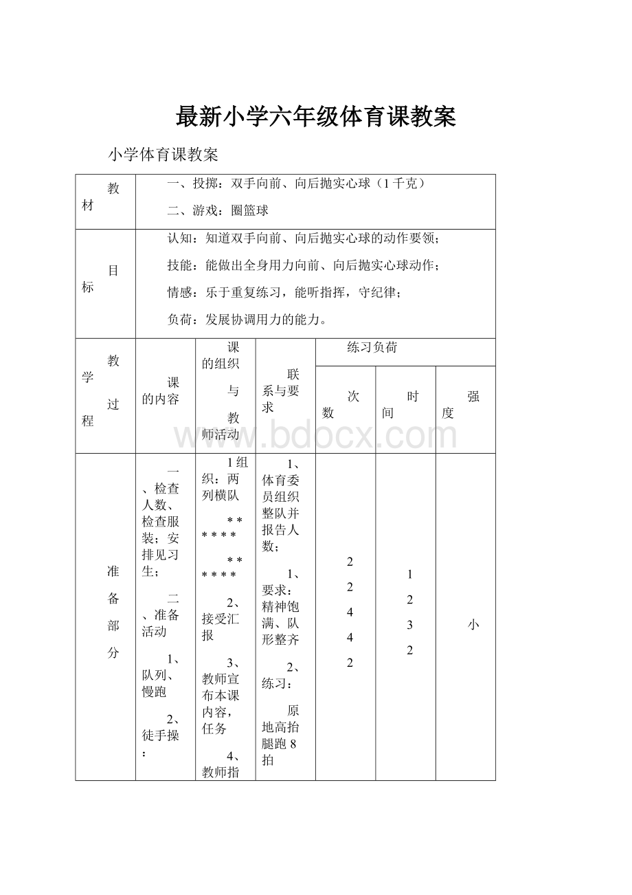 最新小学六年级体育课教案.docx