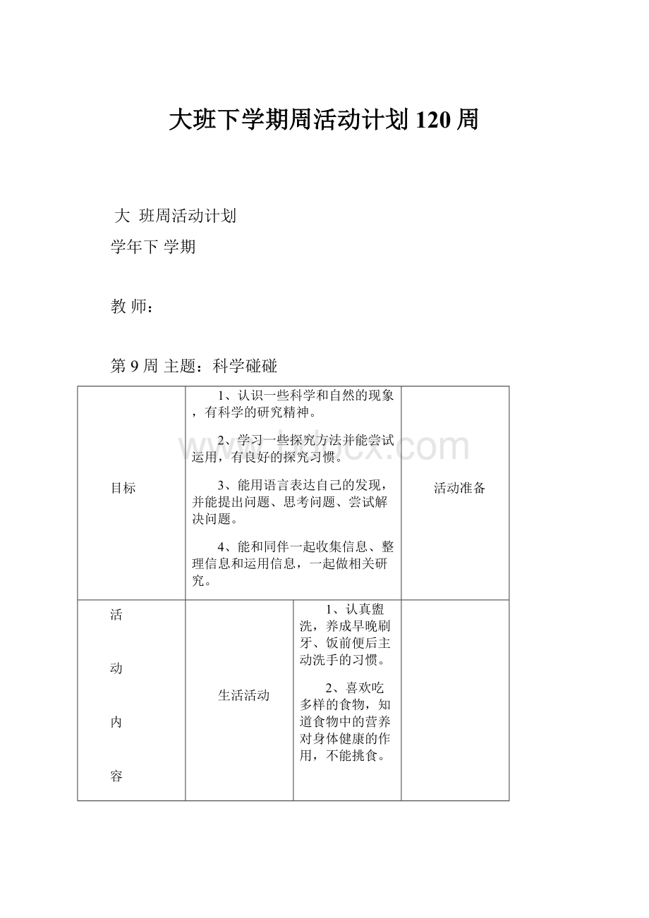 大班下学期周活动计划120周.docx