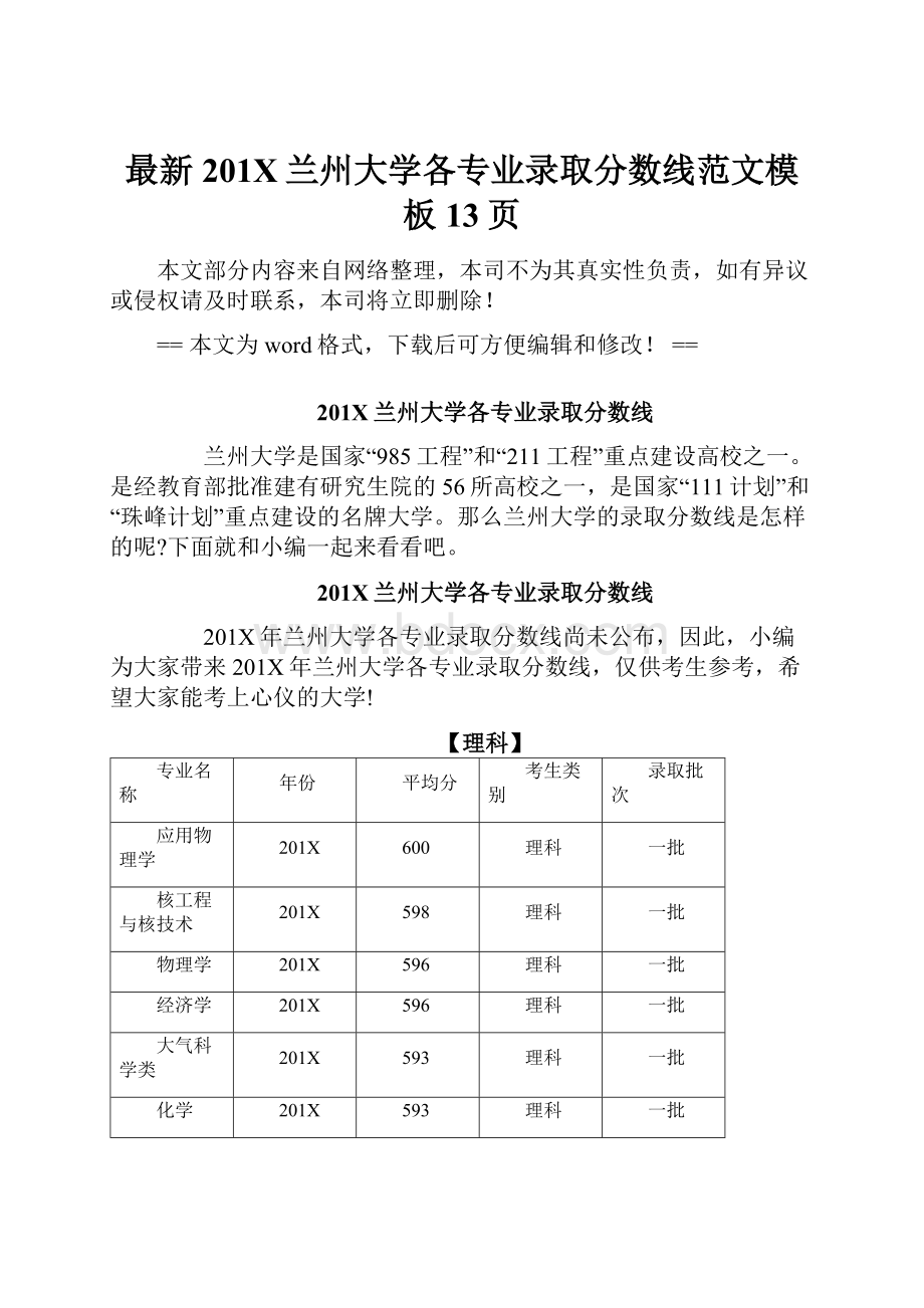 最新201X兰州大学各专业录取分数线范文模板 13页.docx_第1页