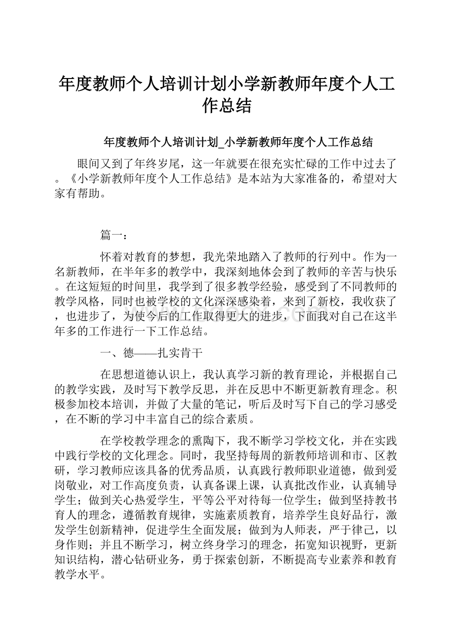 年度教师个人培训计划小学新教师年度个人工作总结.docx