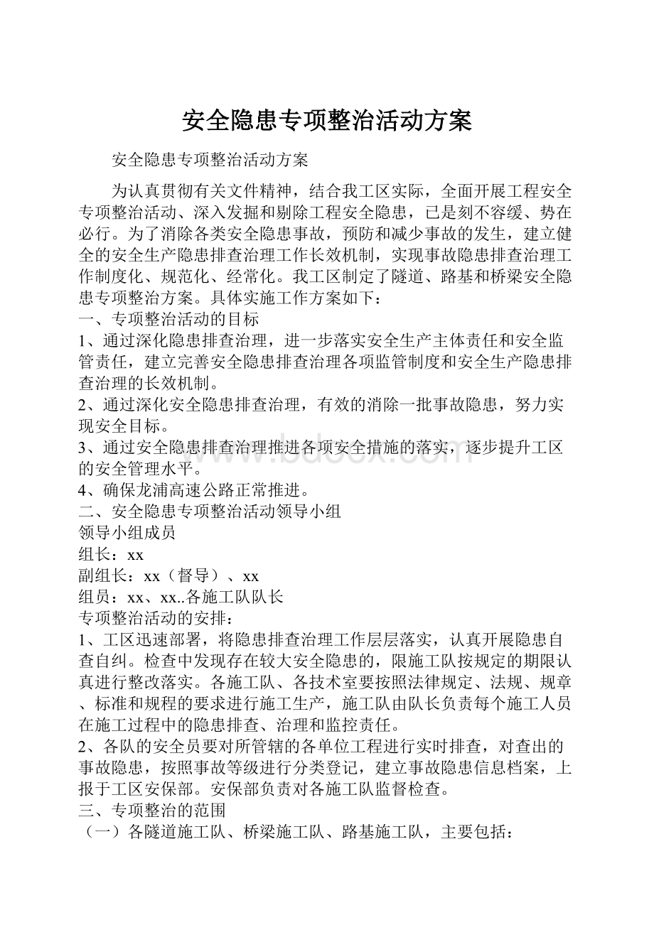 安全隐患专项整治活动方案.docx_第1页