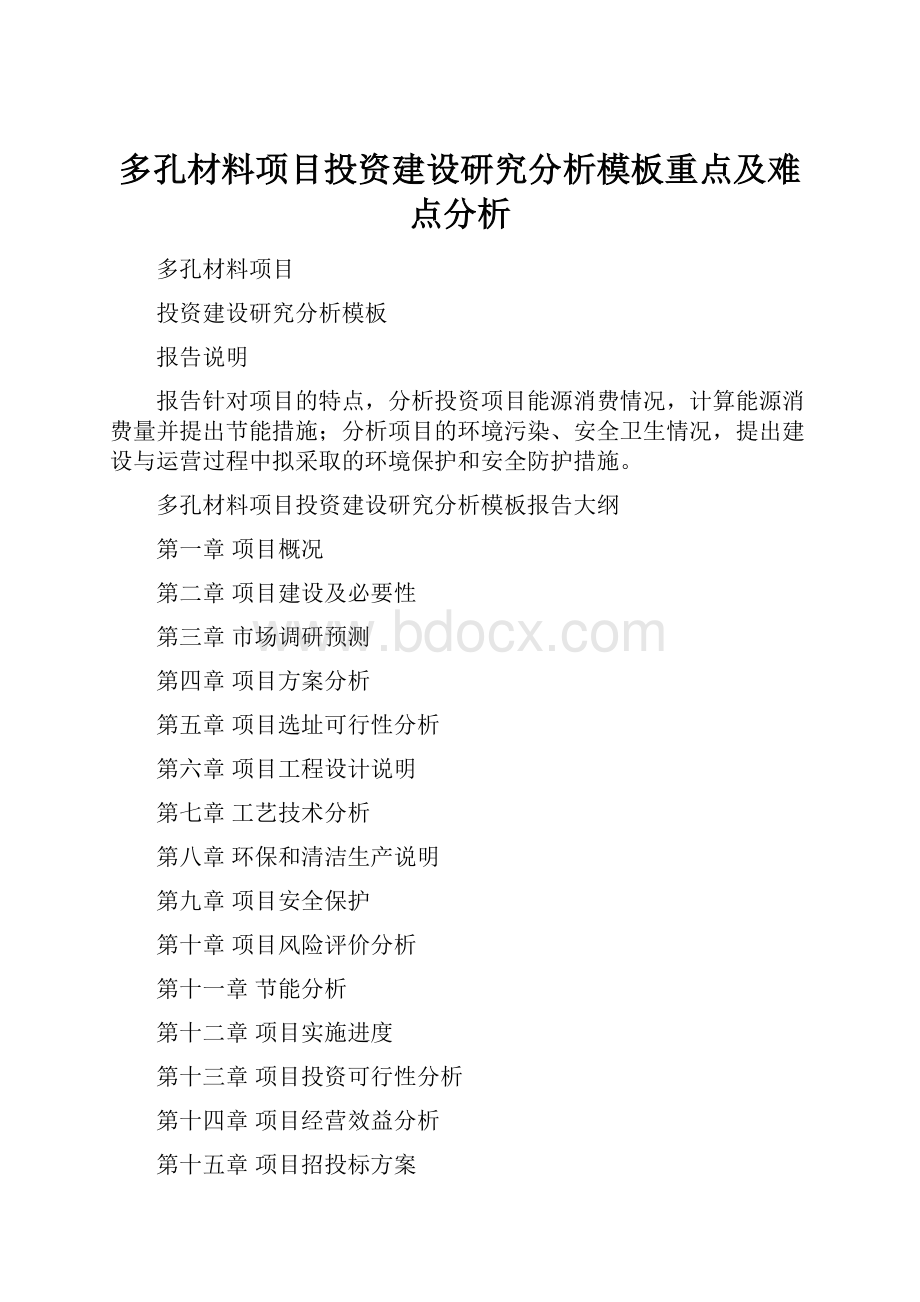 多孔材料项目投资建设研究分析模板重点及难点分析.docx