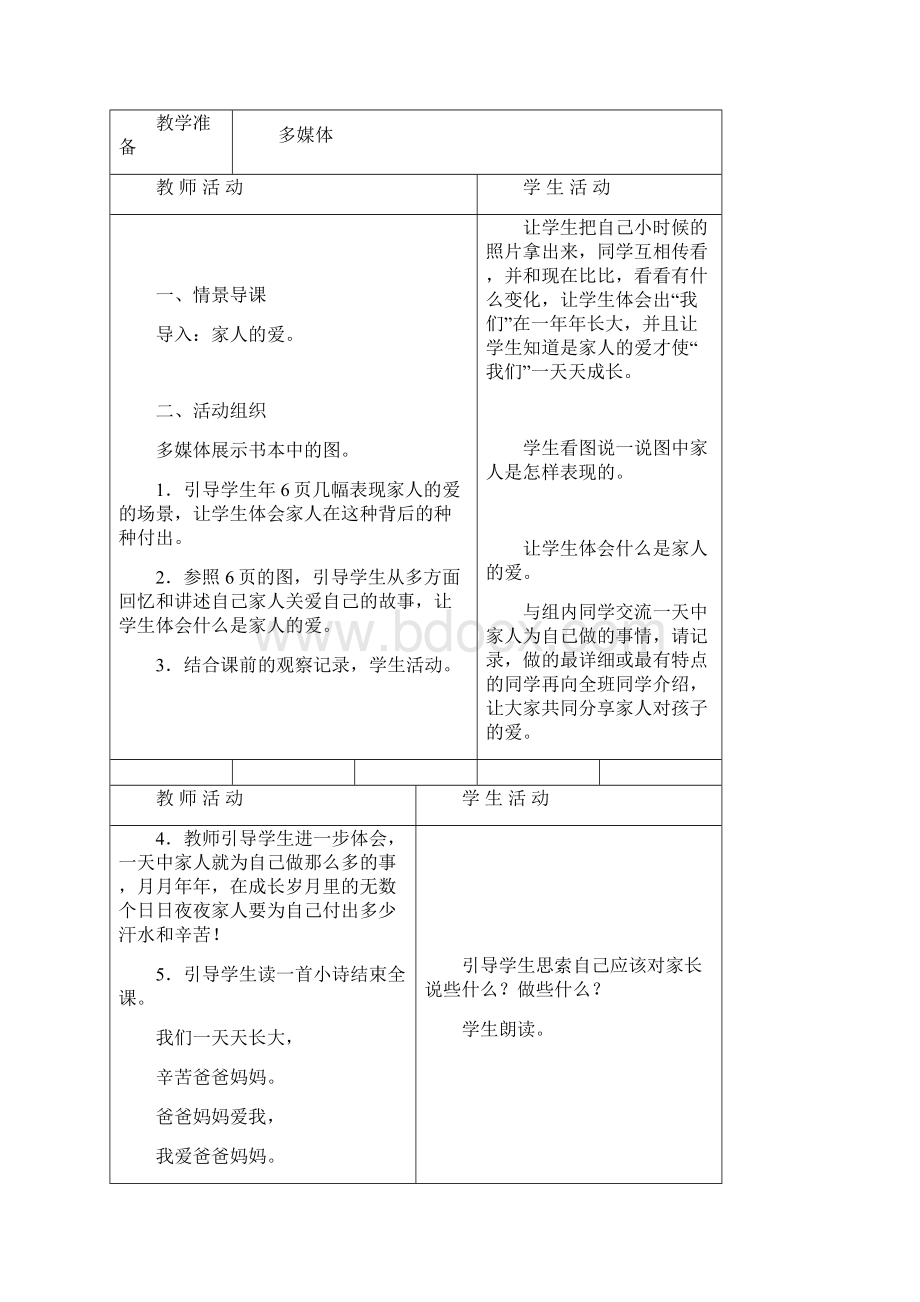 小学一年级下学期思想品德表格式教案.docx_第3页