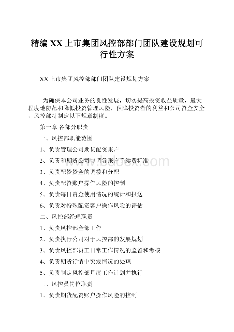 精编XX上市集团风控部部门团队建设规划可行性方案.docx