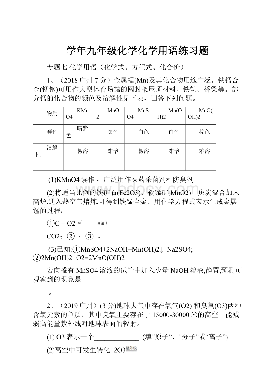 学年九年级化学化学用语练习题.docx