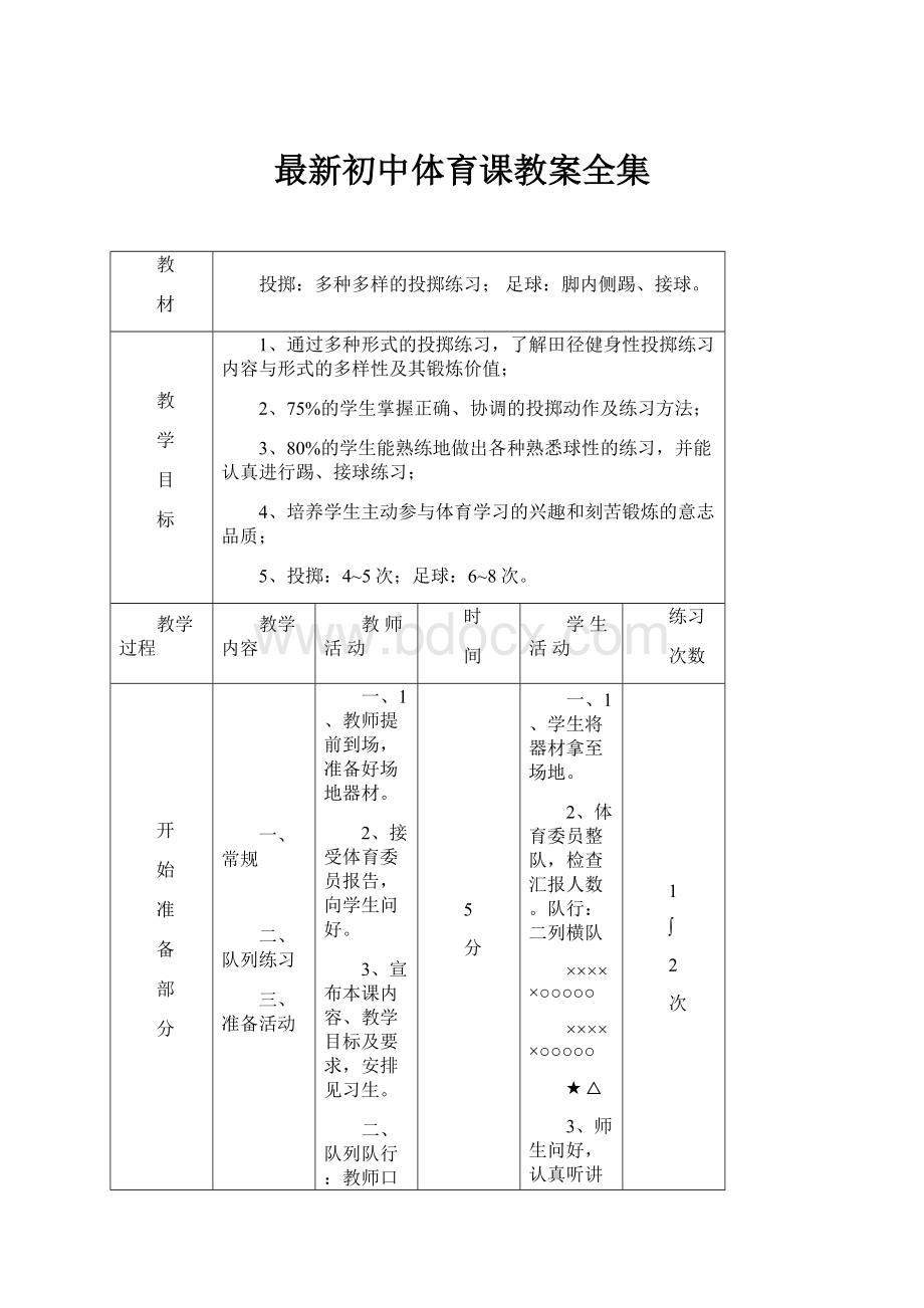 最新初中体育课教案全集.docx