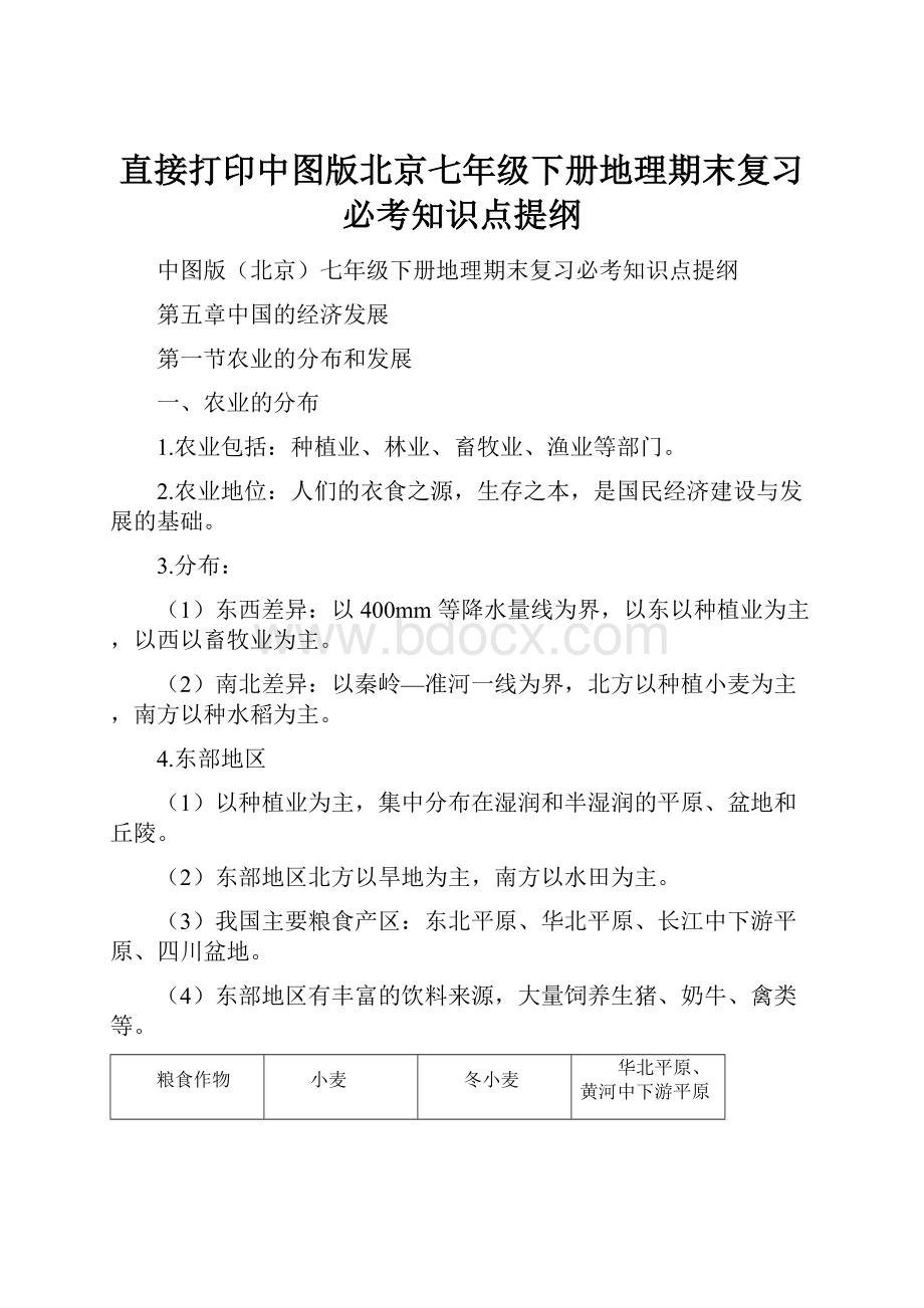 直接打印中图版北京七年级下册地理期末复习必考知识点提纲.docx