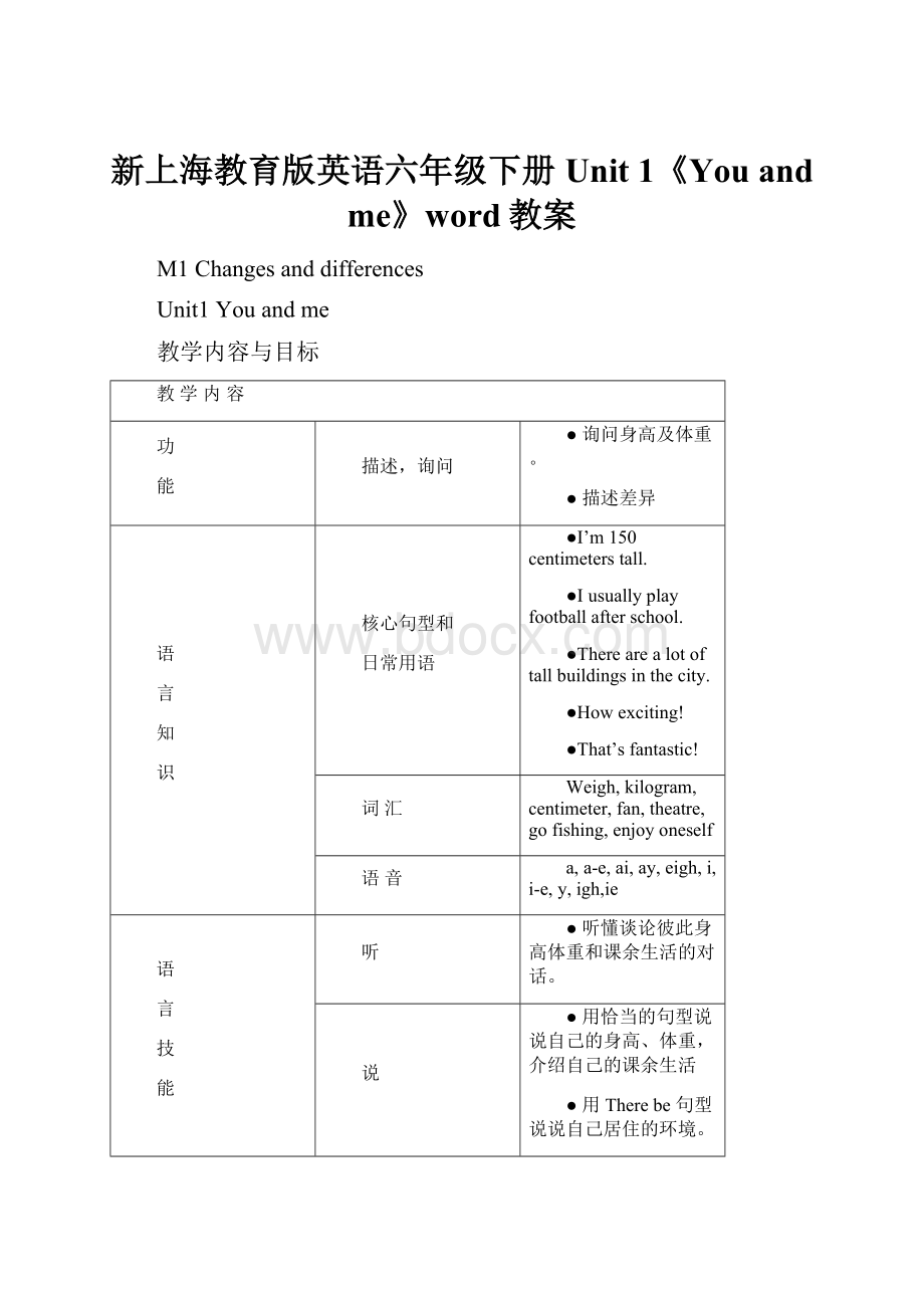 新上海教育版英语六年级下册Unit 1《You and me》word教案.docx