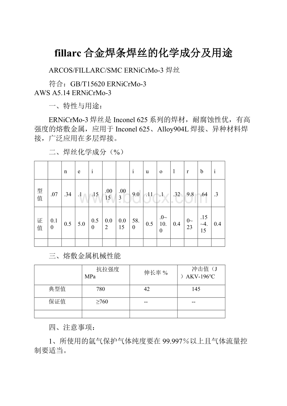 fillarc合金焊条焊丝的化学成分及用途.docx