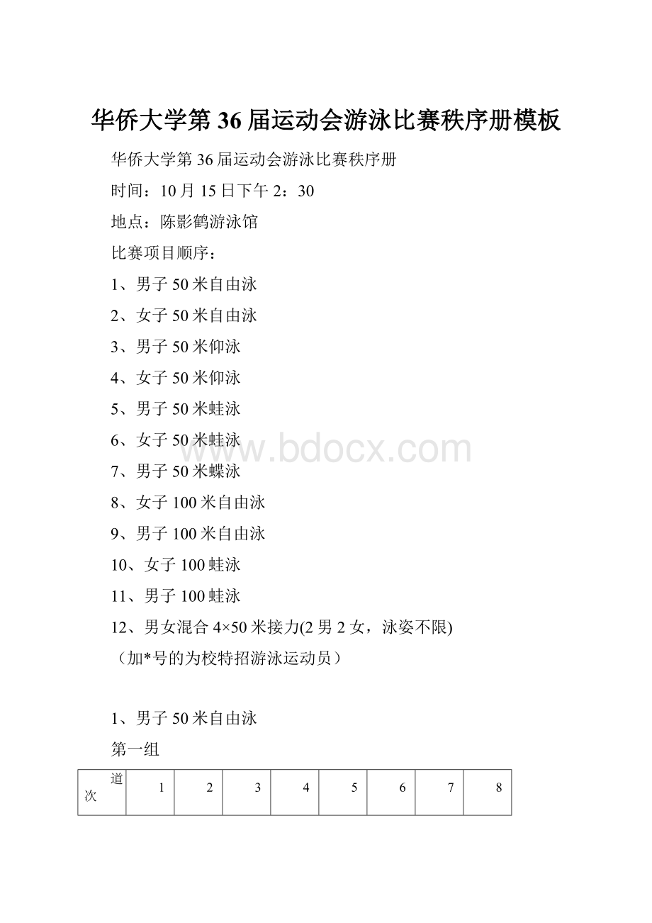 华侨大学第36届运动会游泳比赛秩序册模板.docx