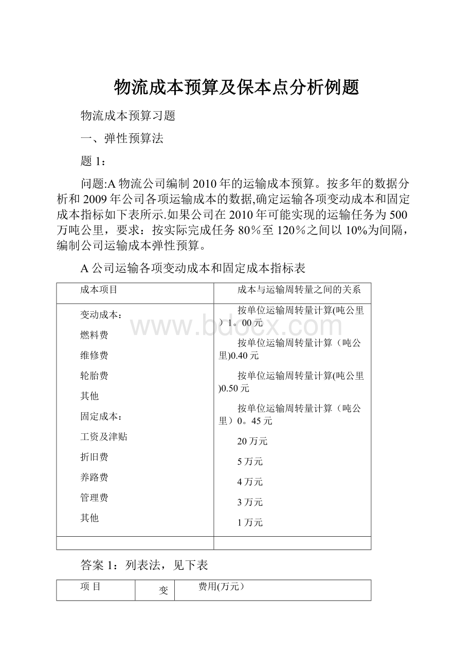 物流成本预算及保本点分析例题.docx_第1页