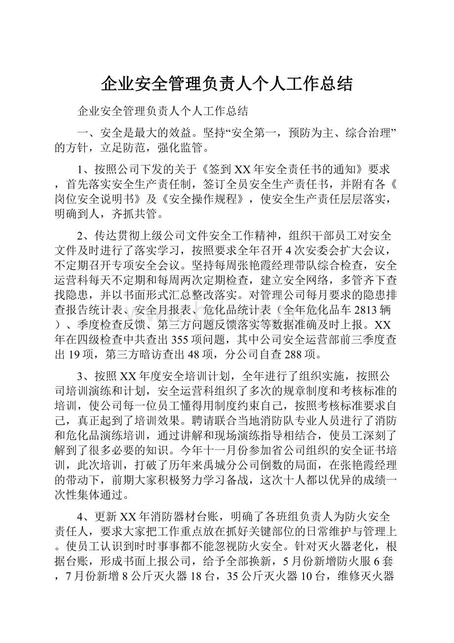 企业安全管理负责人个人工作总结.docx