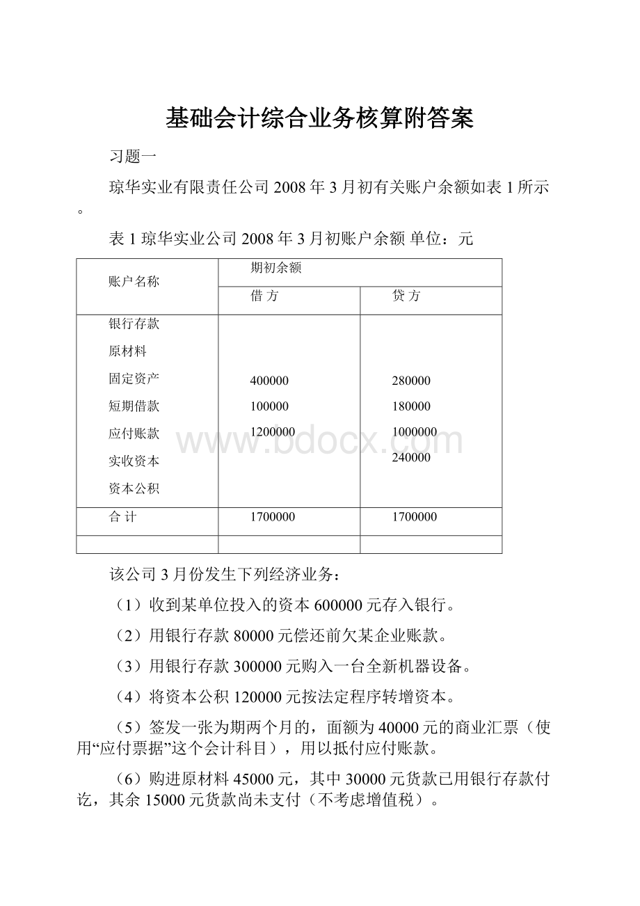 基础会计综合业务核算附答案.docx_第1页