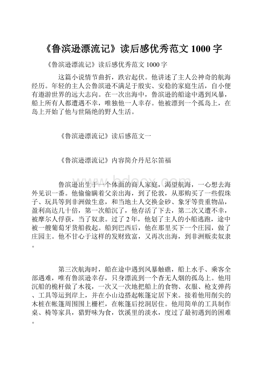 《鲁滨逊漂流记》读后感优秀范文1000字.docx