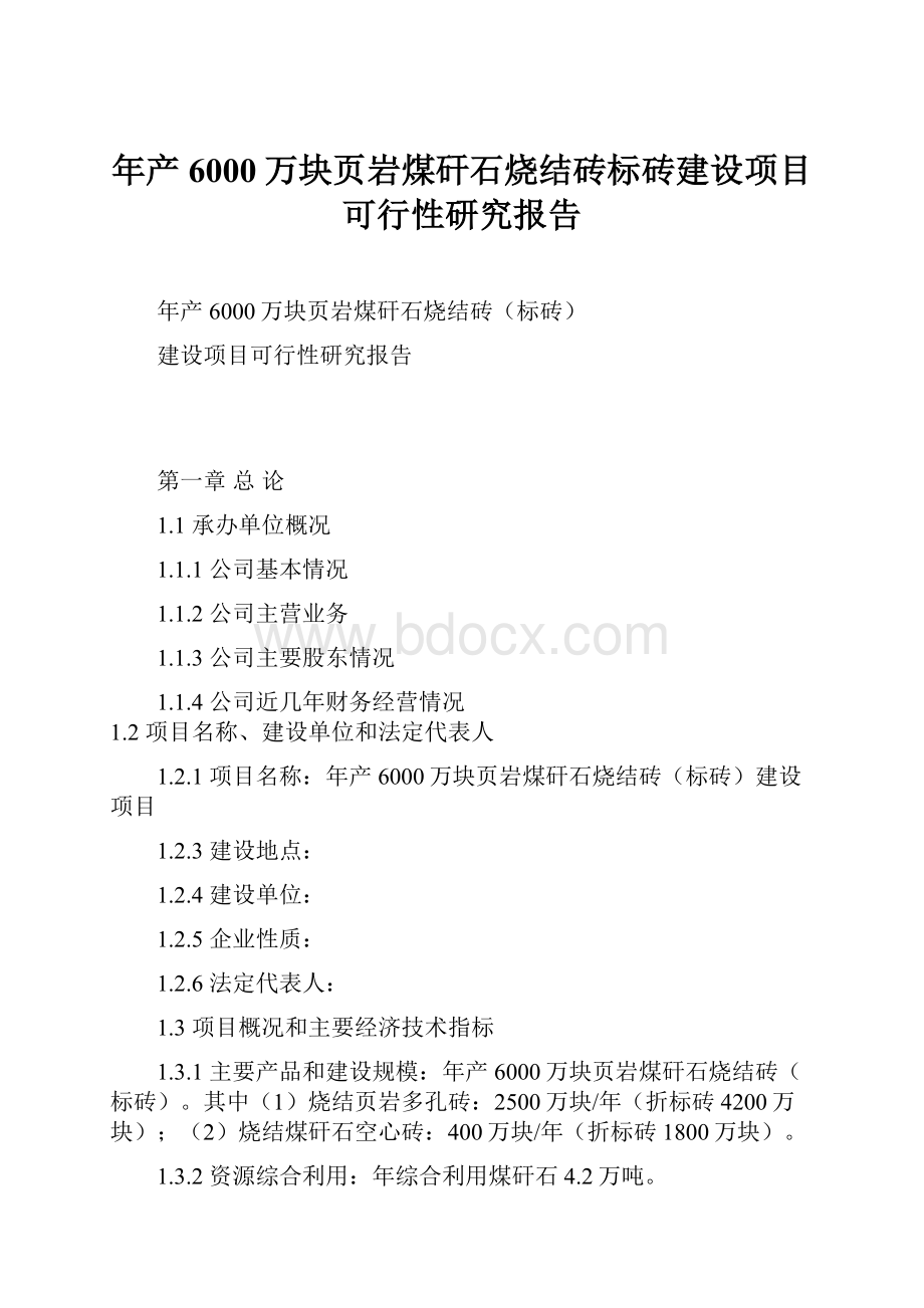 年产6000万块页岩煤矸石烧结砖标砖建设项目可行性研究报告.docx