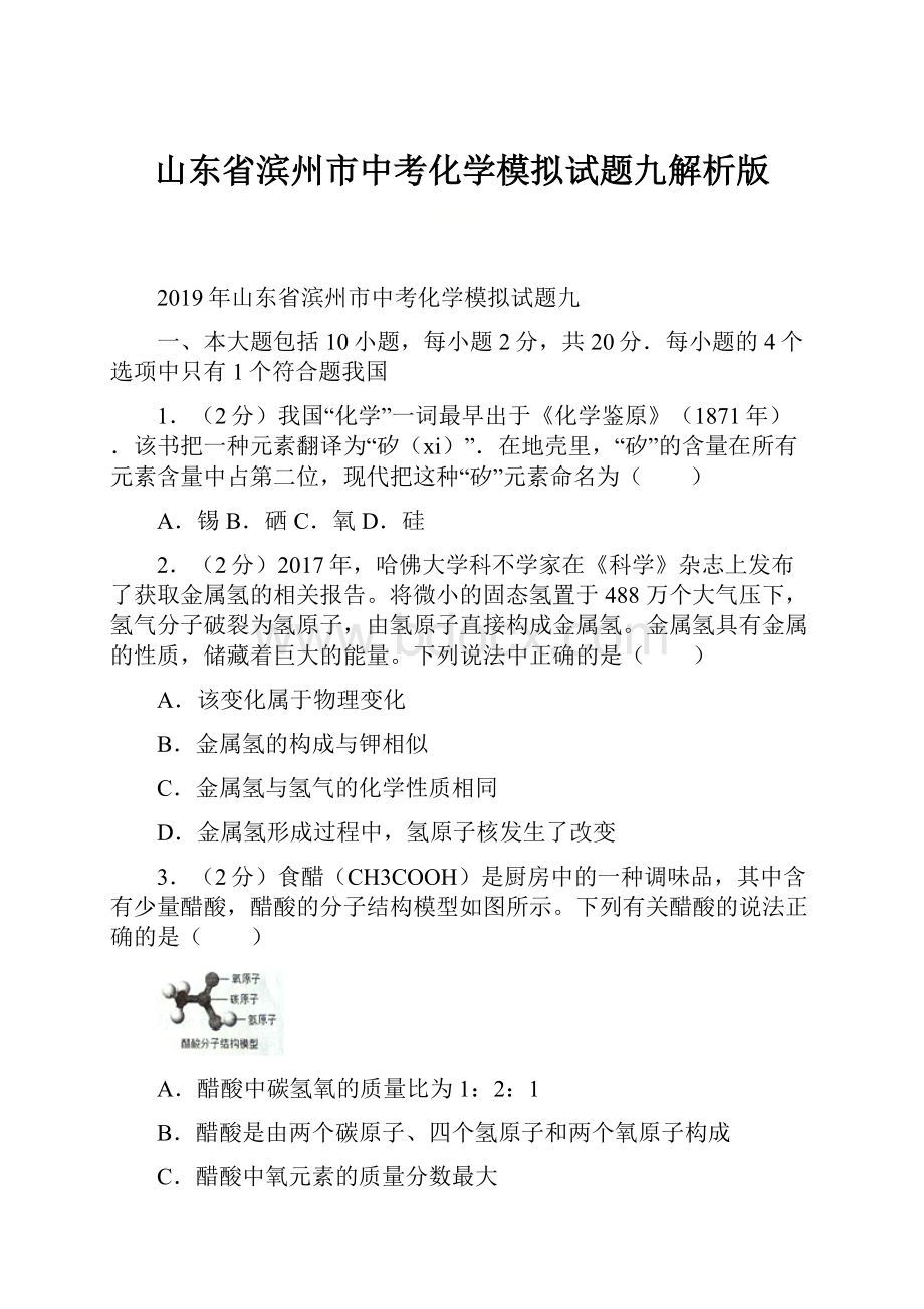 山东省滨州市中考化学模拟试题九解析版.docx