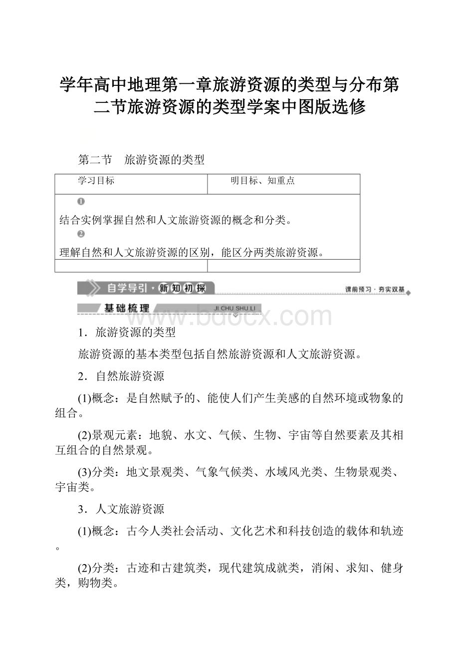 学年高中地理第一章旅游资源的类型与分布第二节旅游资源的类型学案中图版选修.docx