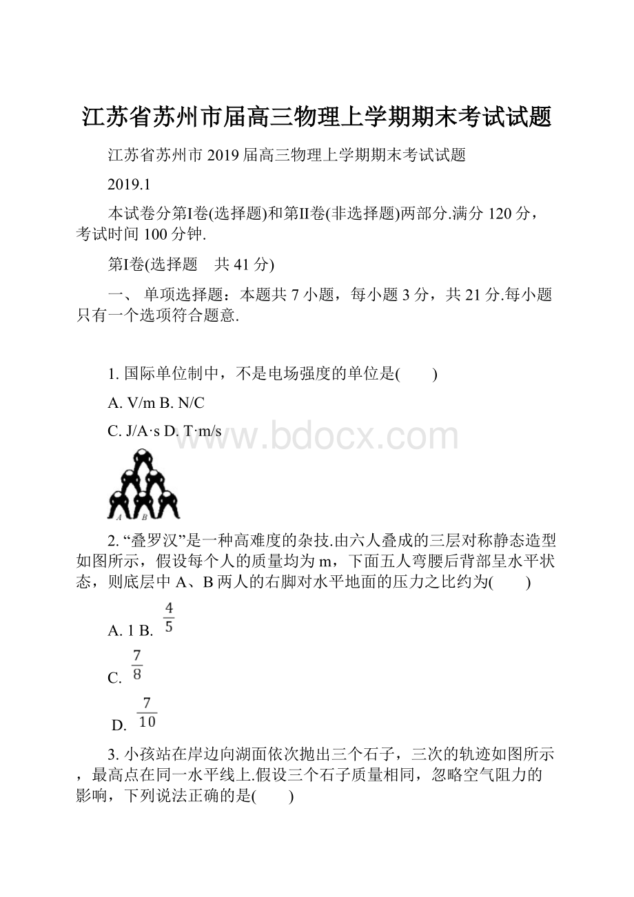 江苏省苏州市届高三物理上学期期末考试试题.docx