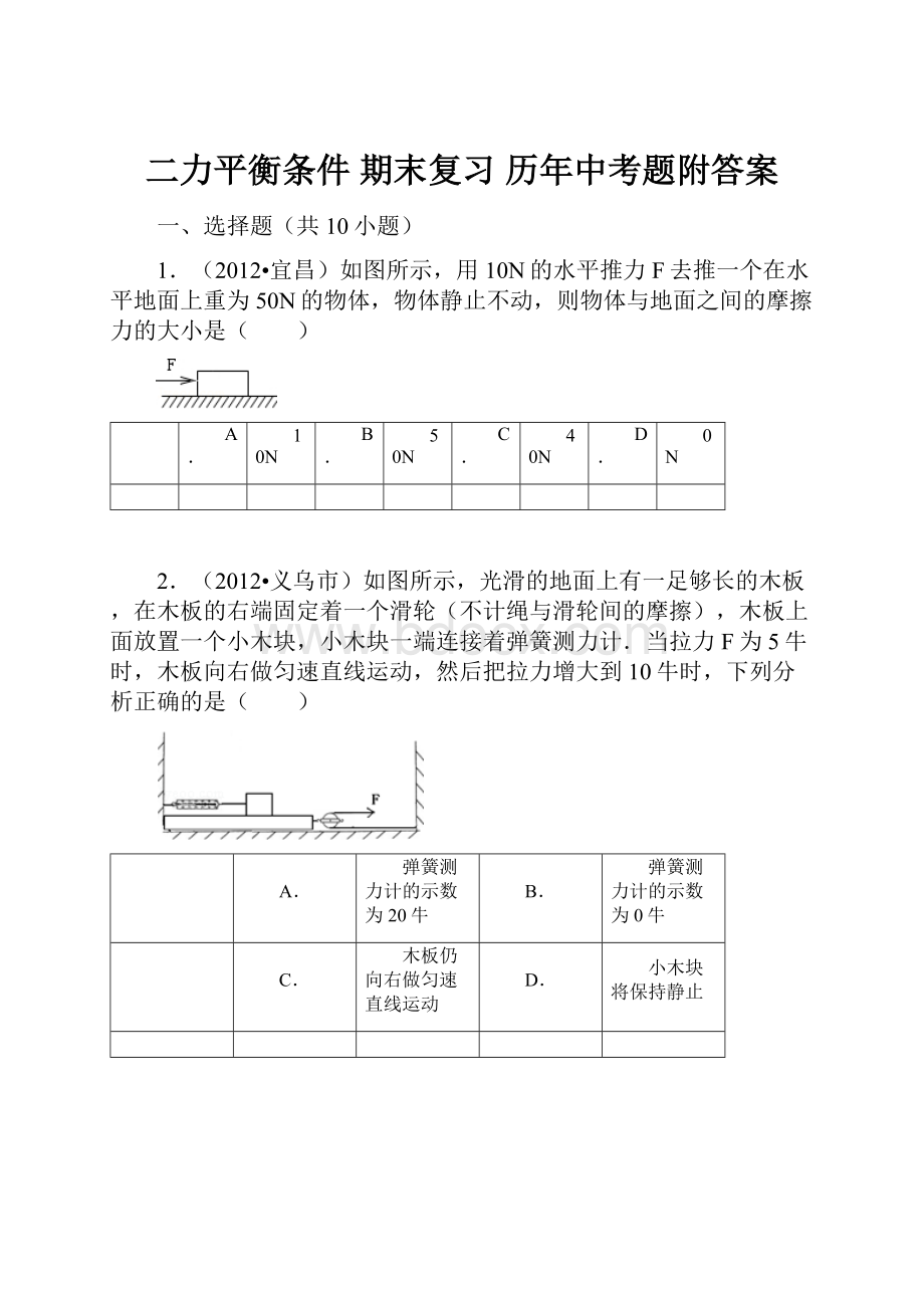 二力平衡条件期末复习历年中考题附答案.docx