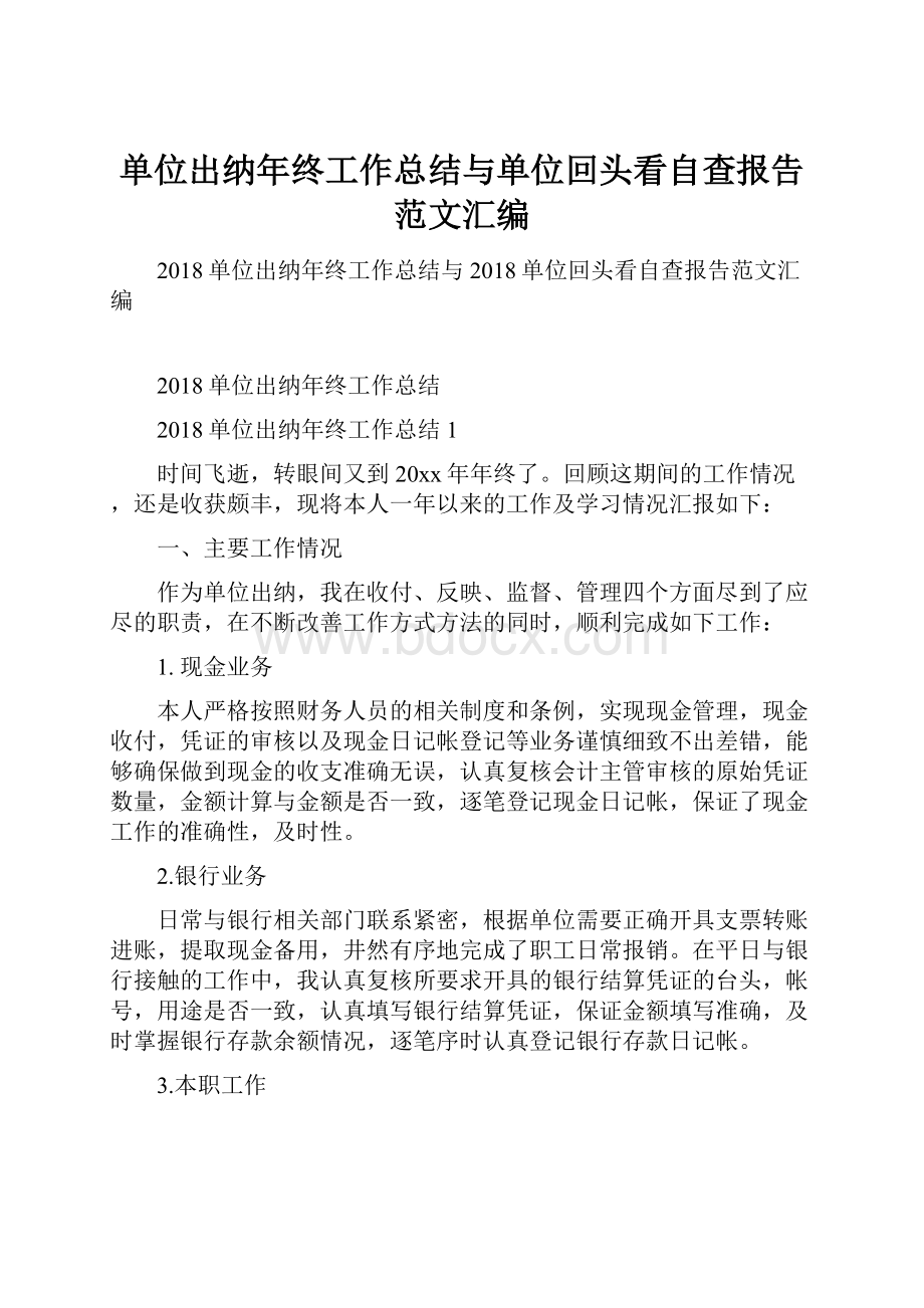 单位出纳年终工作总结与单位回头看自查报告范文汇编.docx