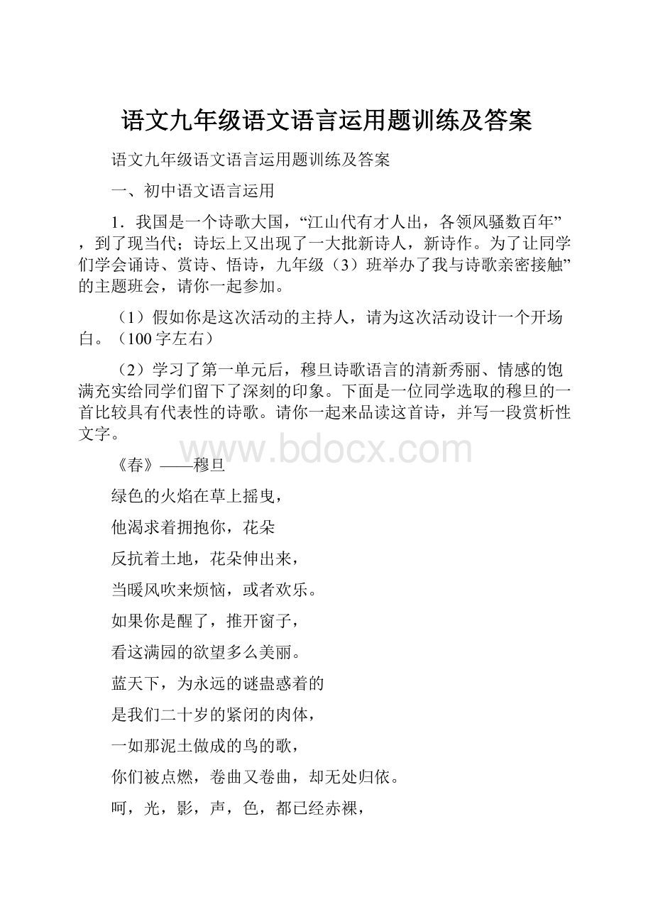 语文九年级语文语言运用题训练及答案.docx