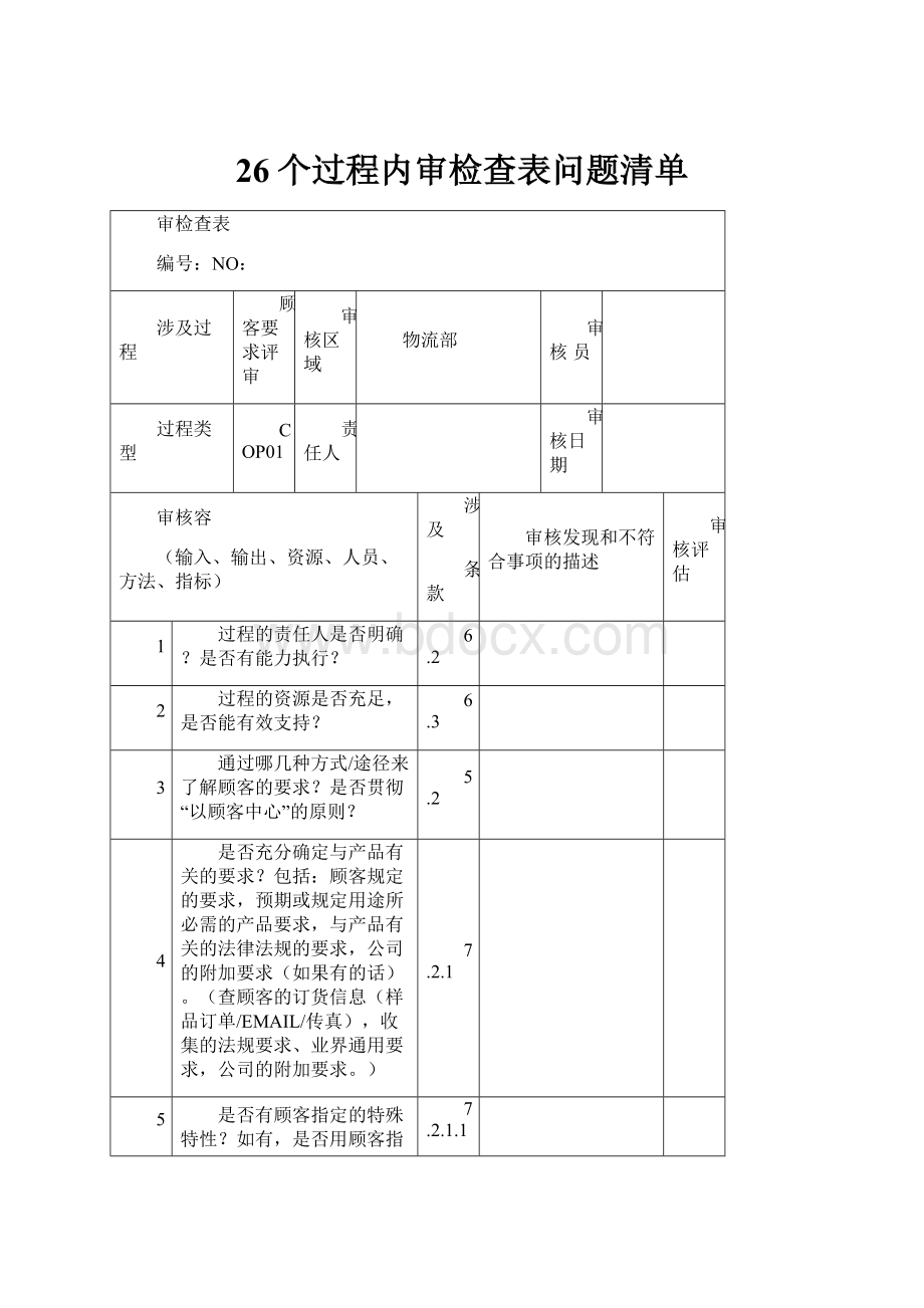 26个过程内审检查表问题清单.docx