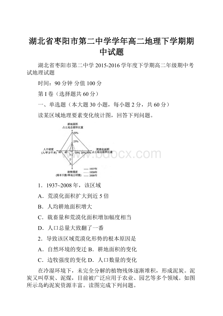 湖北省枣阳市第二中学学年高二地理下学期期中试题.docx