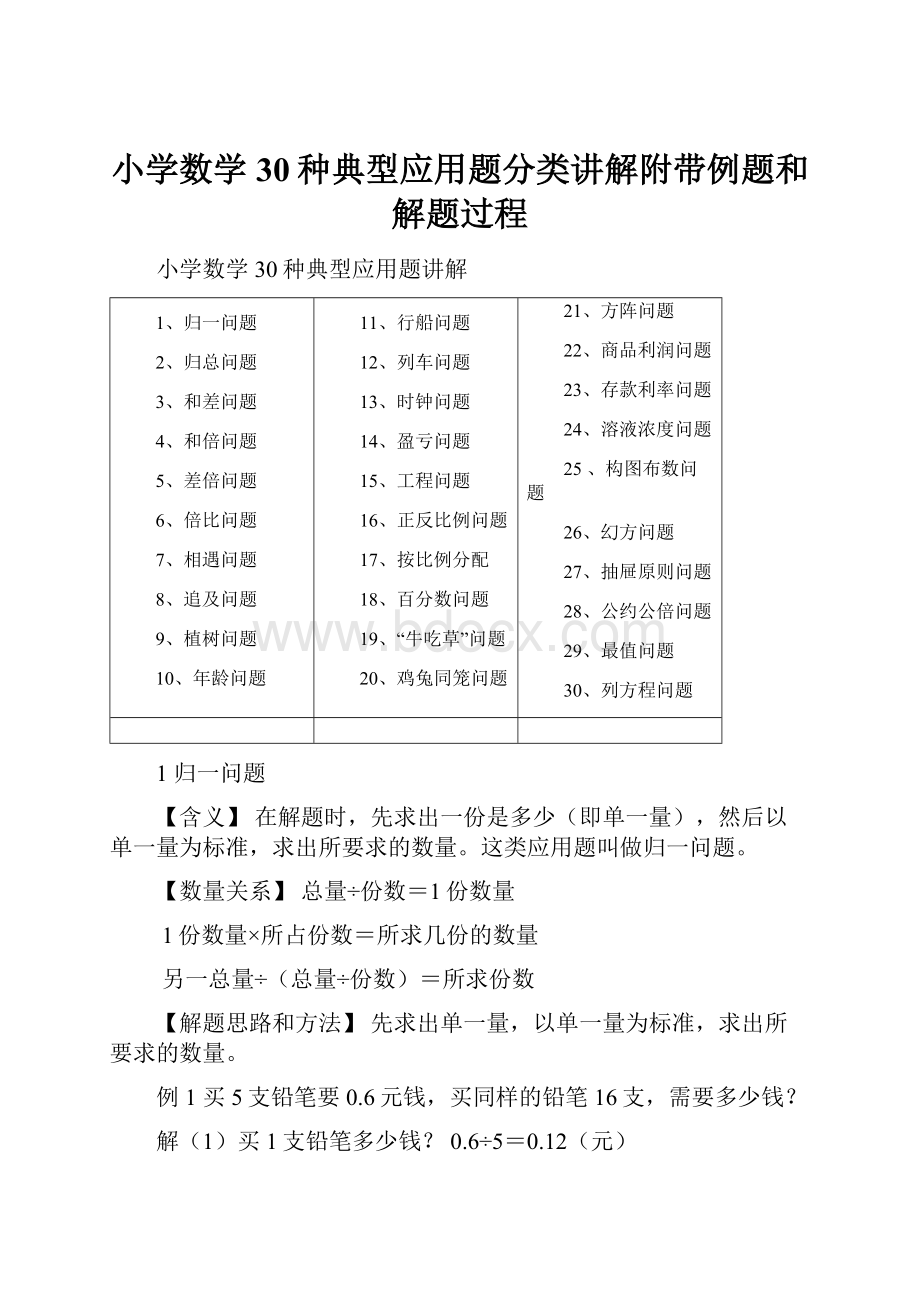 小学数学30种典型应用题分类讲解附带例题和解题过程.docx