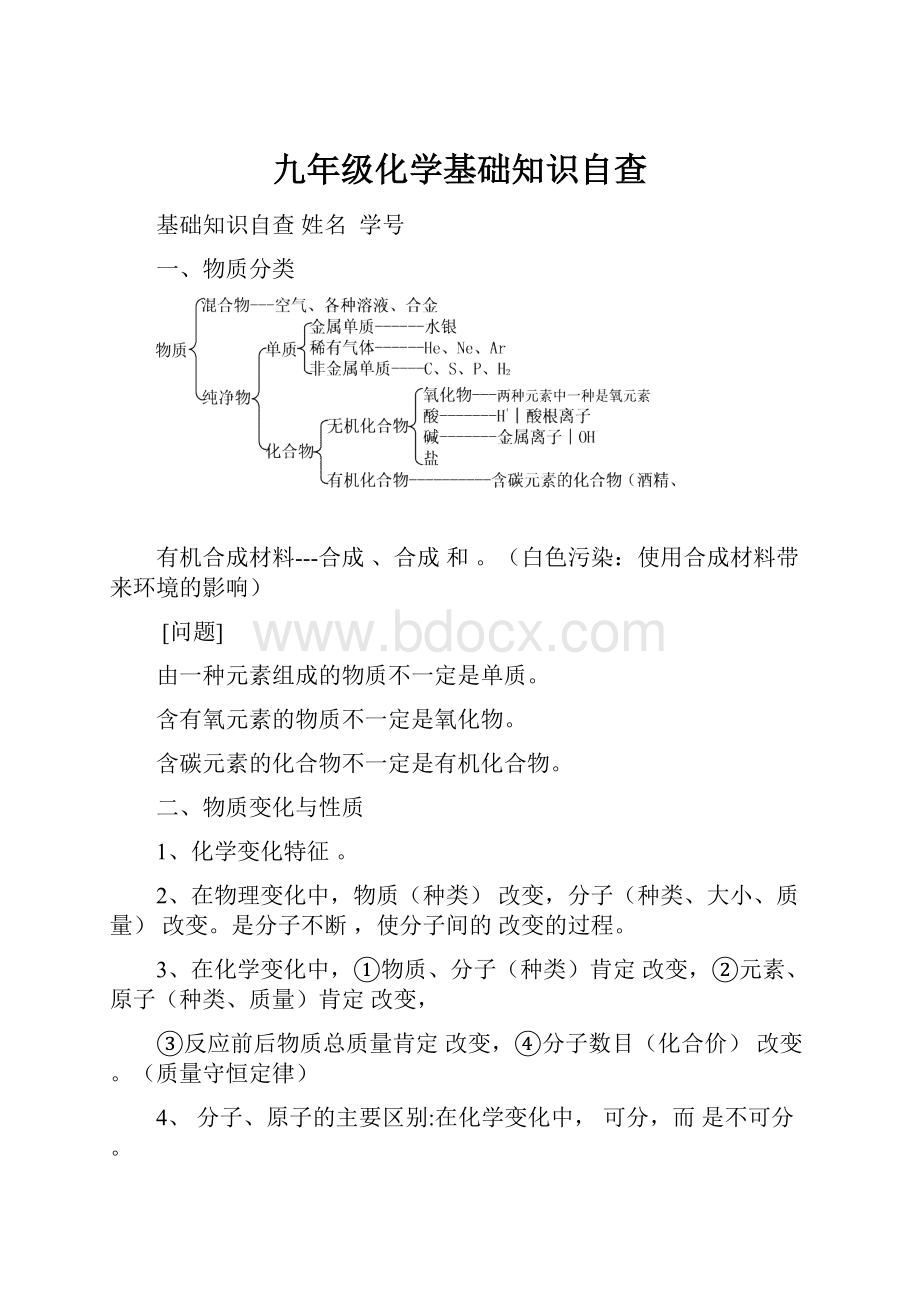 九年级化学基础知识自查.docx