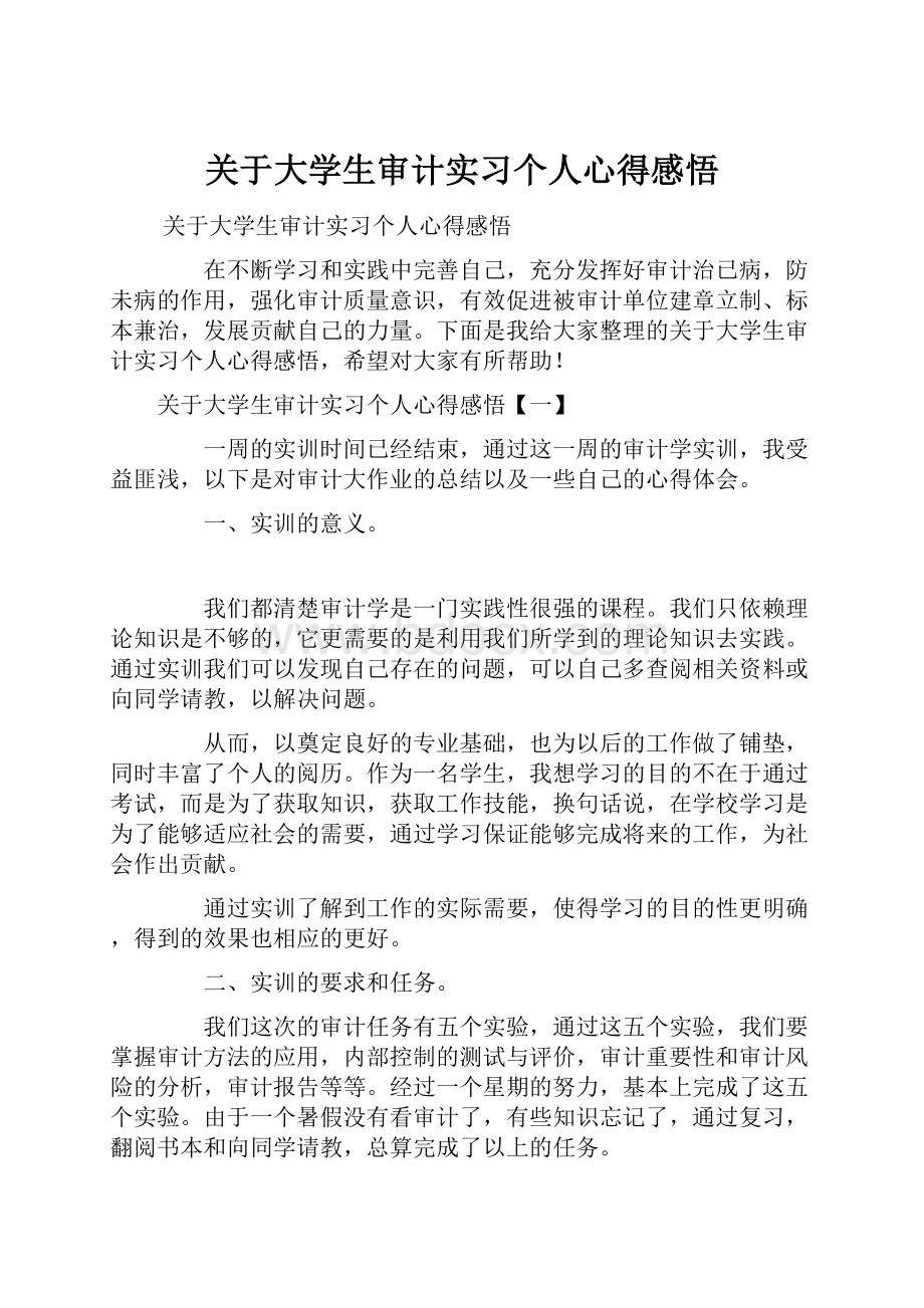 关于大学生审计实习个人心得感悟.docx_第1页