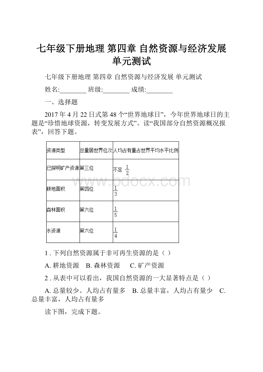 七年级下册地理 第四章 自然资源与经济发展 单元测试.docx