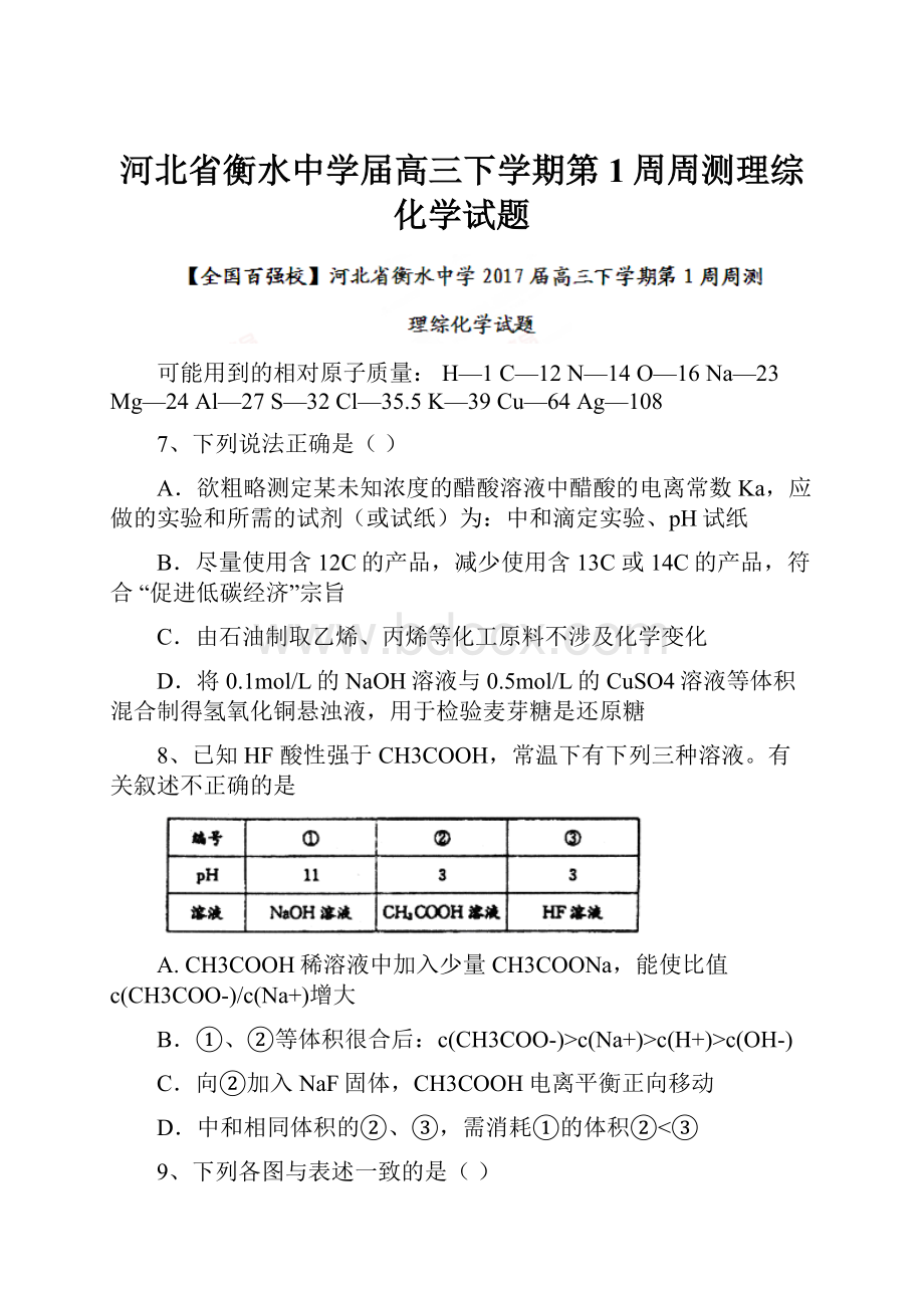 河北省衡水中学届高三下学期第1周周测理综化学试题.docx