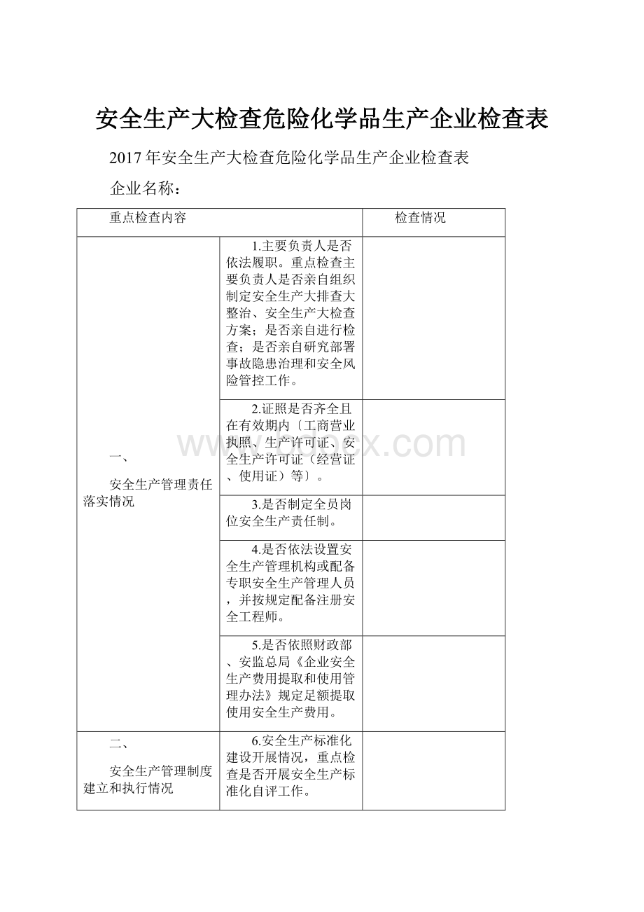 安全生产大检查危险化学品生产企业检查表.docx