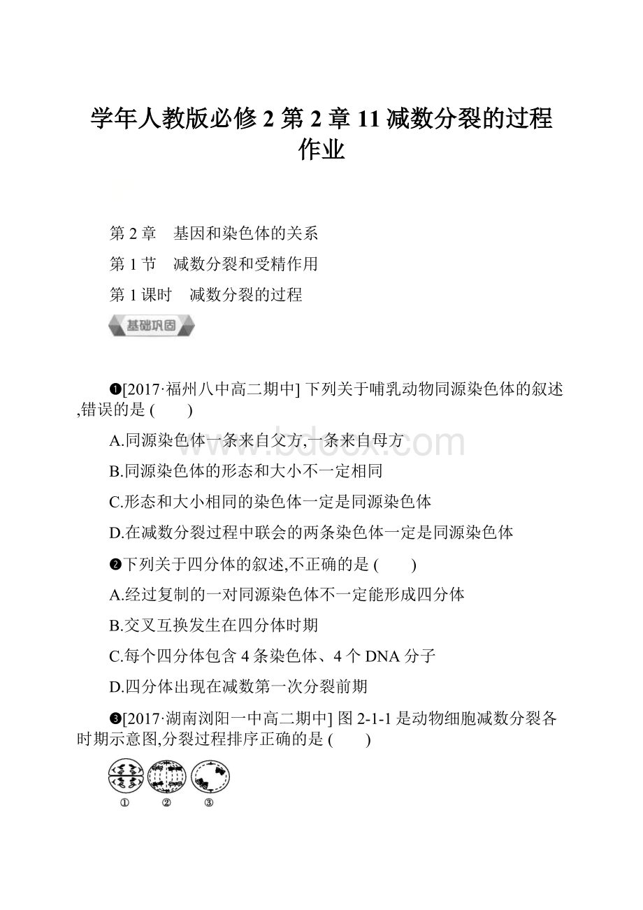 学年人教版必修2 第2章11减数分裂的过程 作业.docx