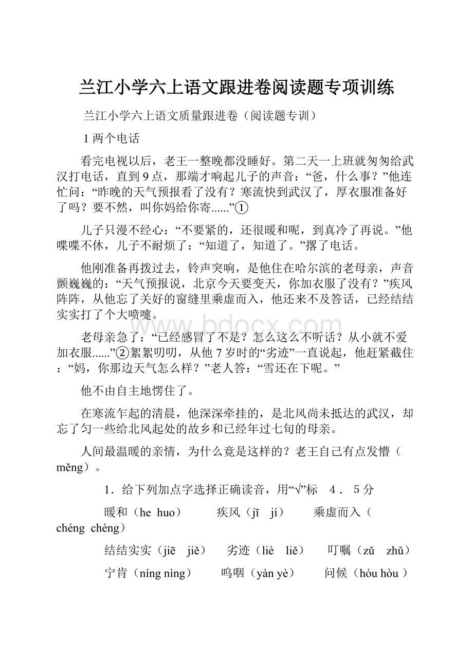 兰江小学六上语文跟进卷阅读题专项训练.docx