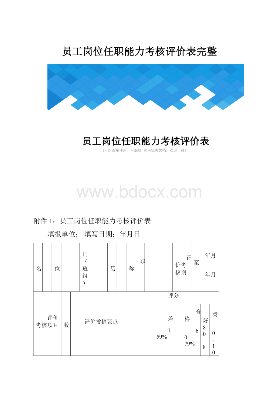 员工岗位任职能力考核评价表完整.docx_第1页