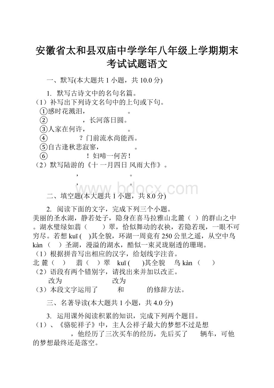 安徽省太和县双庙中学学年八年级上学期期末考试试题语文.docx