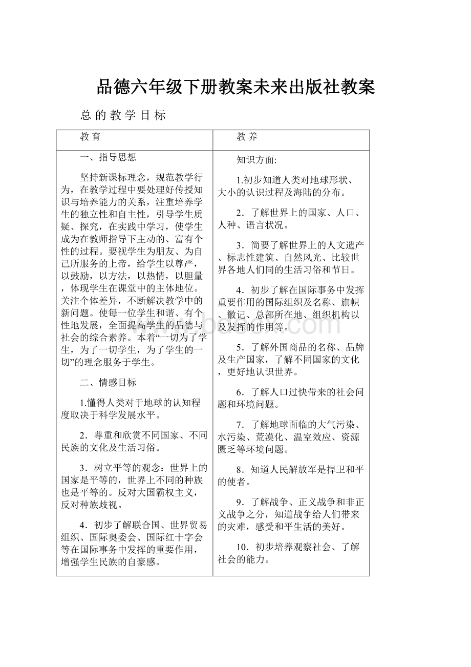 品德六年级下册教案未来出版社教案.docx