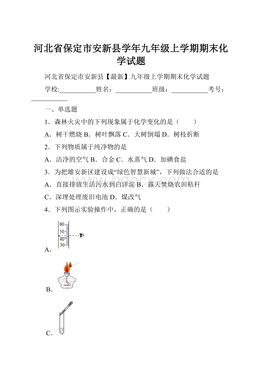 河北省保定市安新县学年九年级上学期期末化学试题.docx