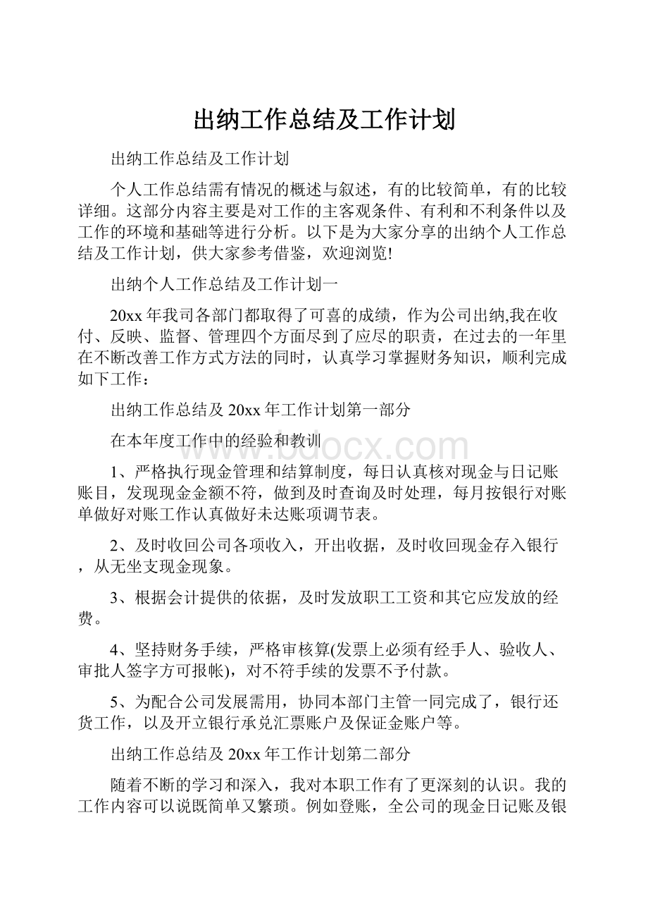 出纳工作总结及工作计划.docx