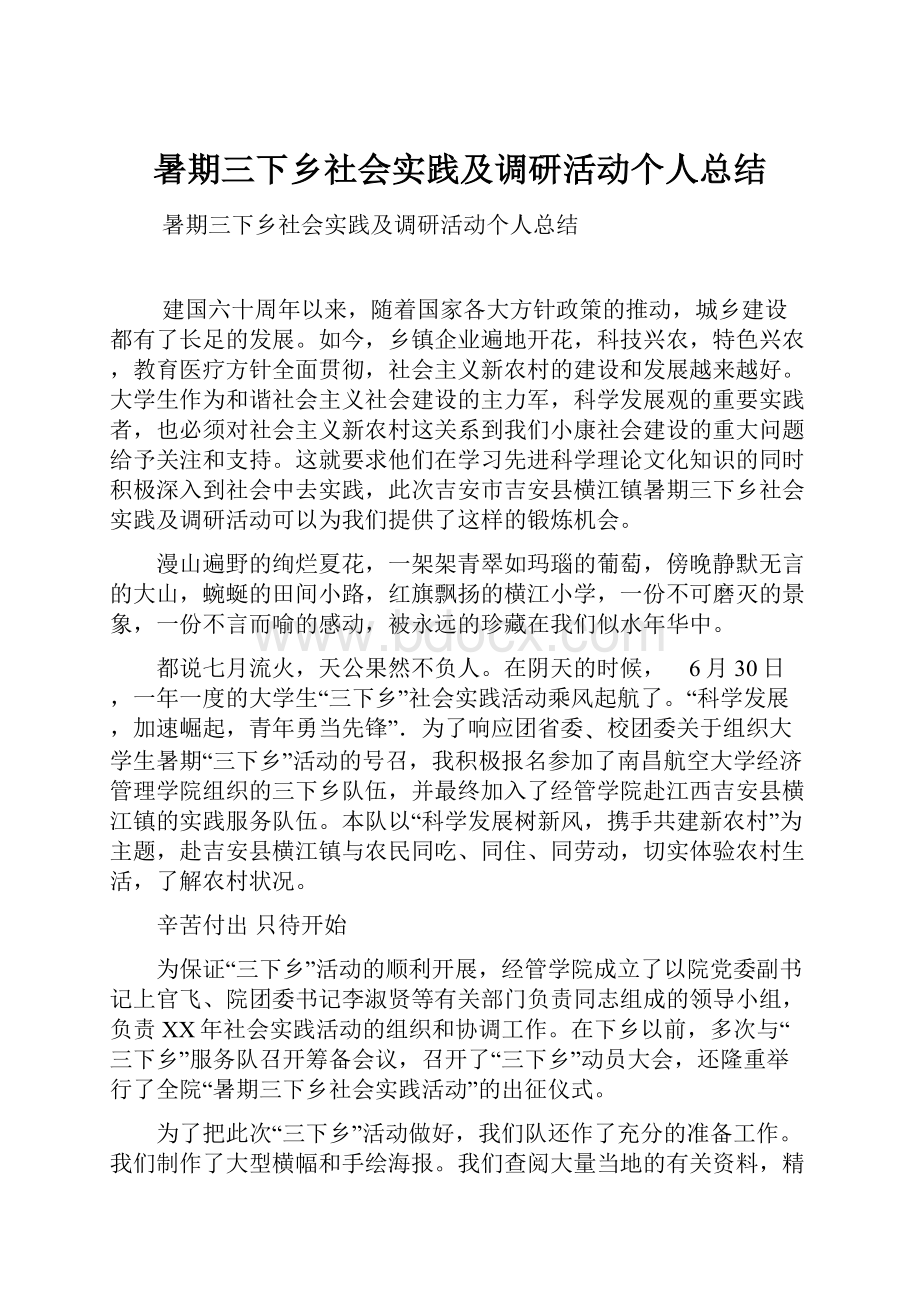 暑期三下乡社会实践及调研活动个人总结.docx