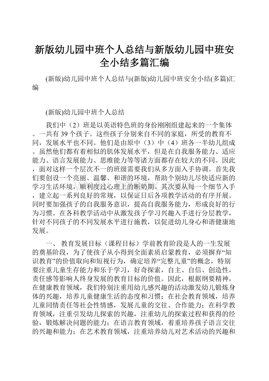 新版幼儿园中班个人总结与新版幼儿园中班安全小结多篇汇编.docx