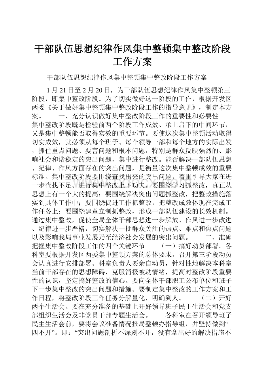 干部队伍思想纪律作风集中整顿集中整改阶段工作方案.docx