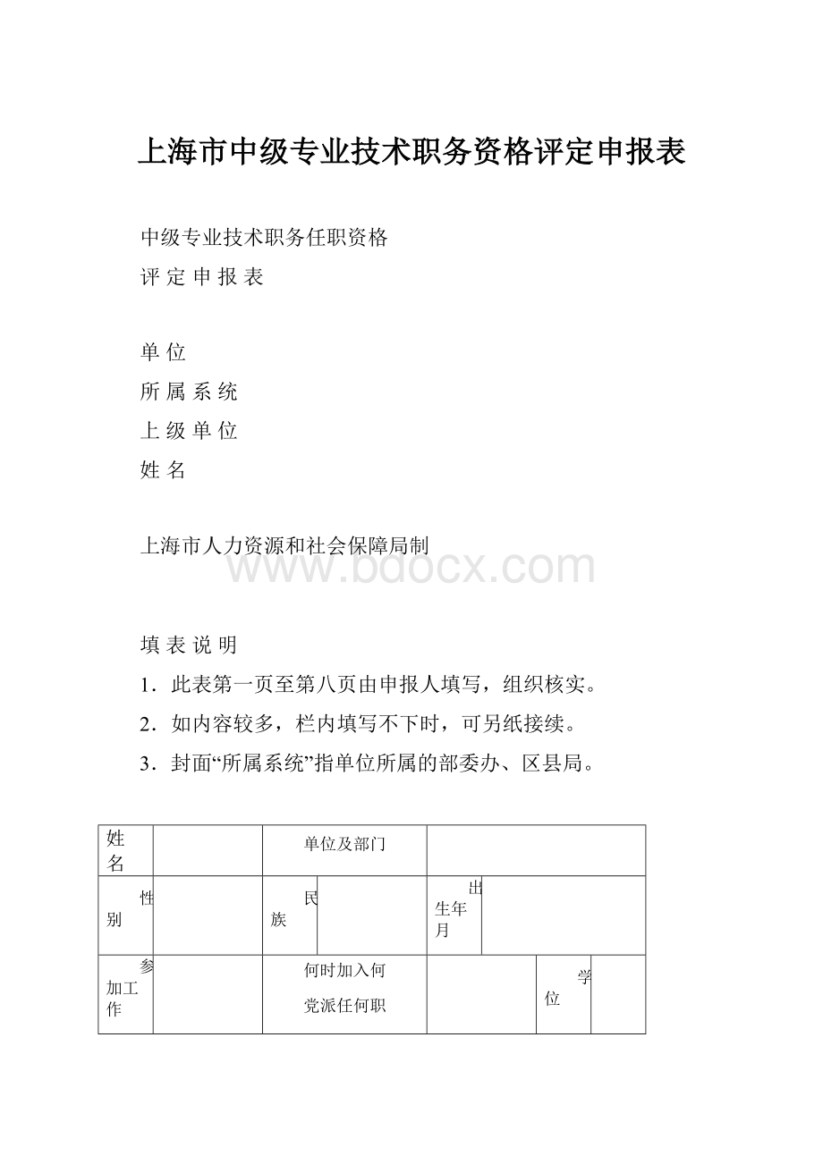 上海市中级专业技术职务资格评定申报表.docx